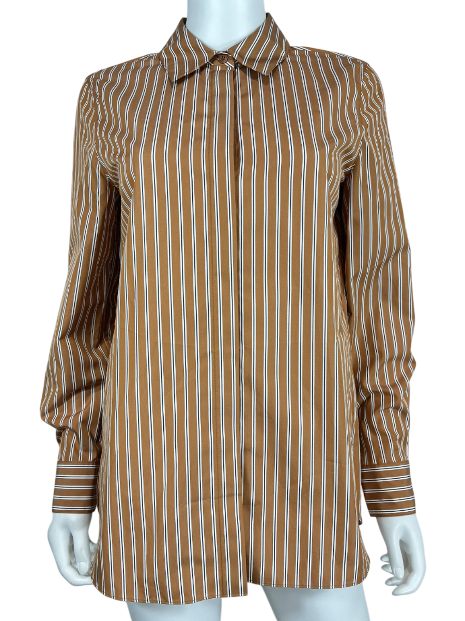 Lafayette 148 Tailored Brown Striped Button-Front Tunic Shirt Size S